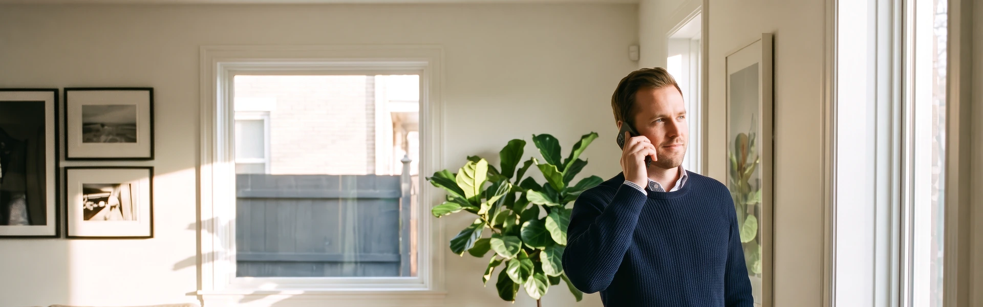 Une personne debout, téléphone à l’oreille, dans un intérieur lumineux.
